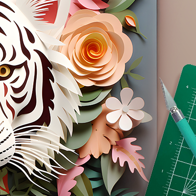 Kirigami tiger and flowers next to an Excel Blades craft knife and self-healing cutting mat.