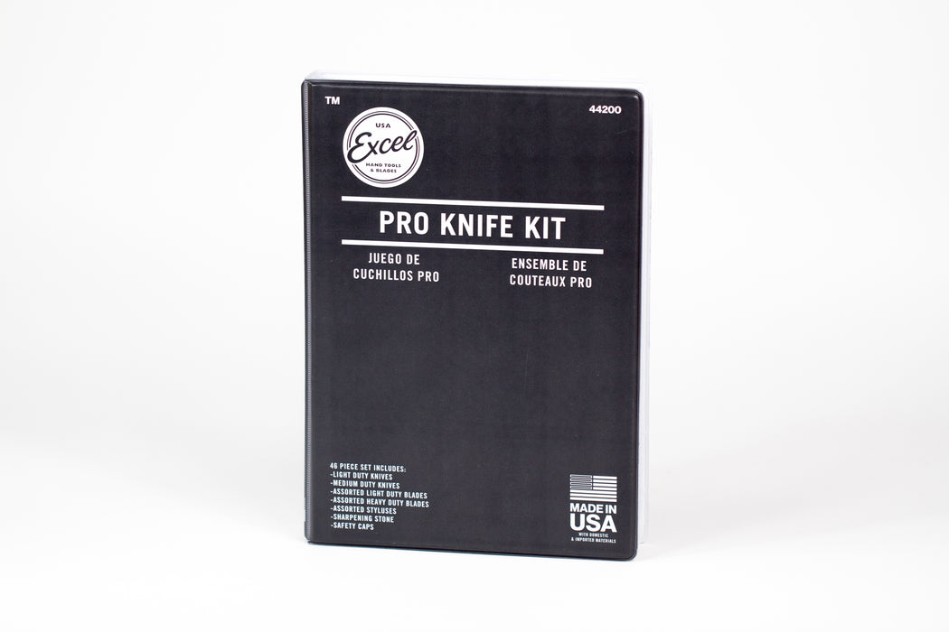 closed view of Hobby Knife Set includes knife handles and 43 assorted blades. Made in the USA.