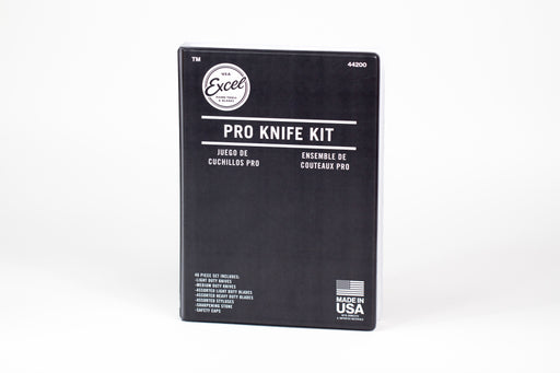 closed view of Hobby Knife Set includes knife handles and 43 assorted blades. Made in the USA.