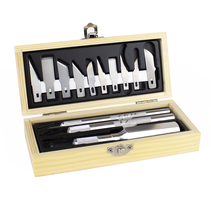 Boxed set of assorted knives and blades. 16 piece Set. Made in the USA. Aluminum. 3d Print Clean-up Tool kit. Craftsman tool kit. Knife tool kit. Foam smithing tool kit.