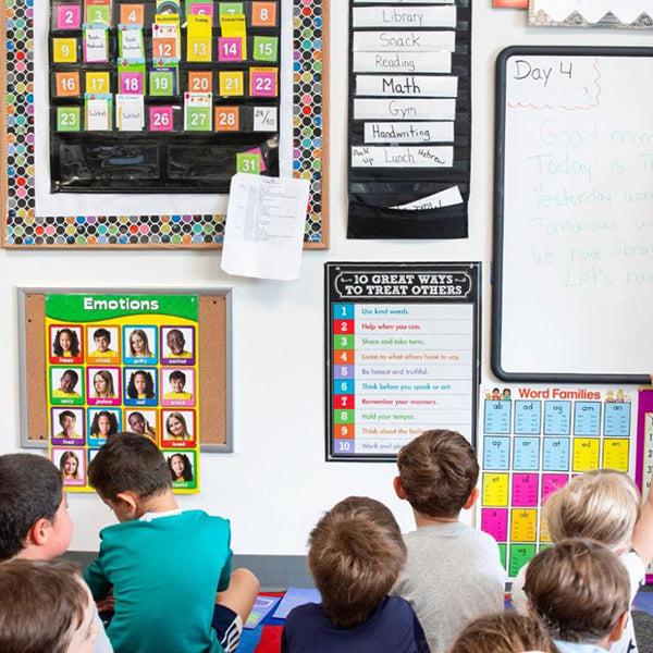 a teacher telling children in a classroom to listen