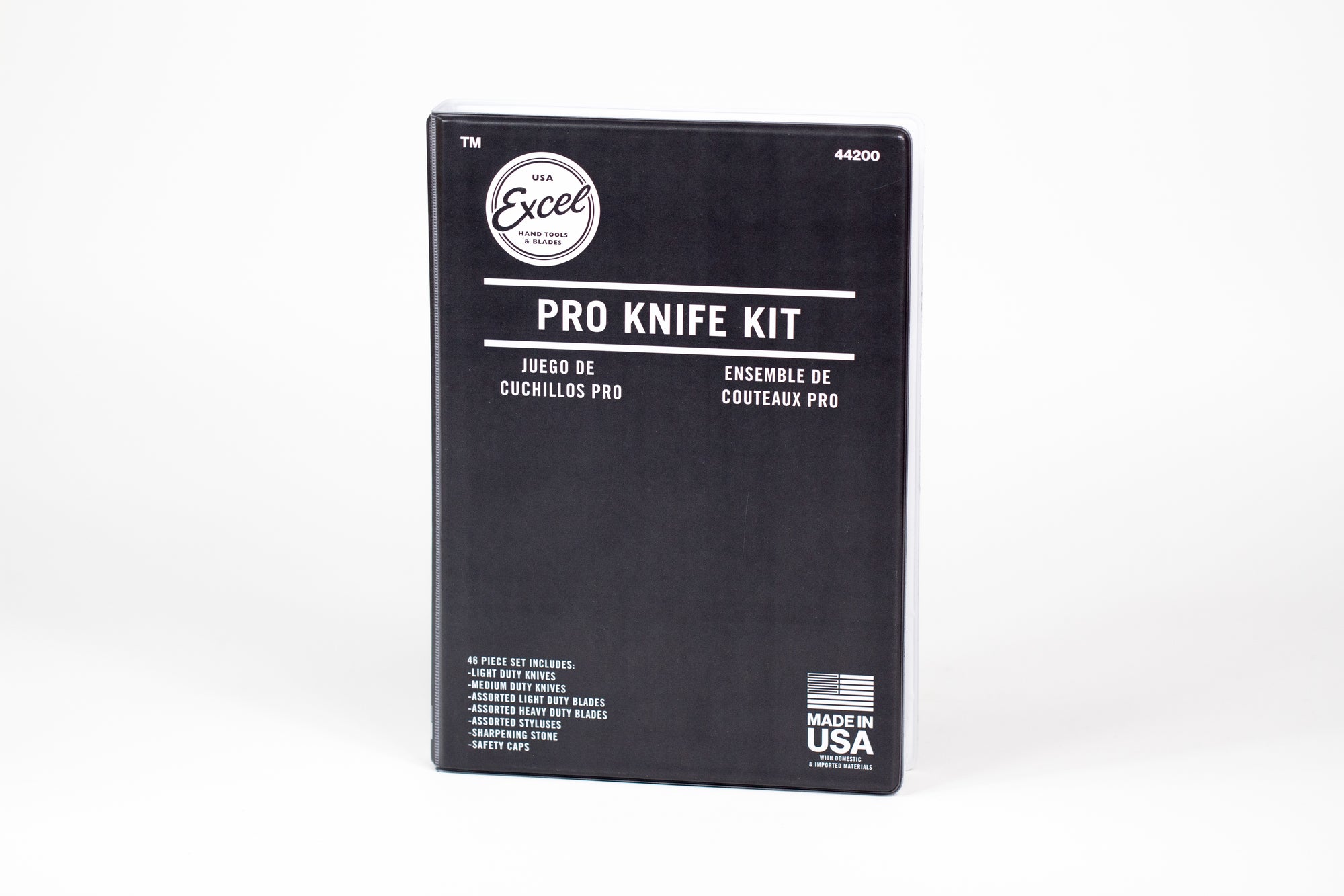 closed view of Hobby Knife Set includes knife handles and 43 assorted blades. Made in the USA. 