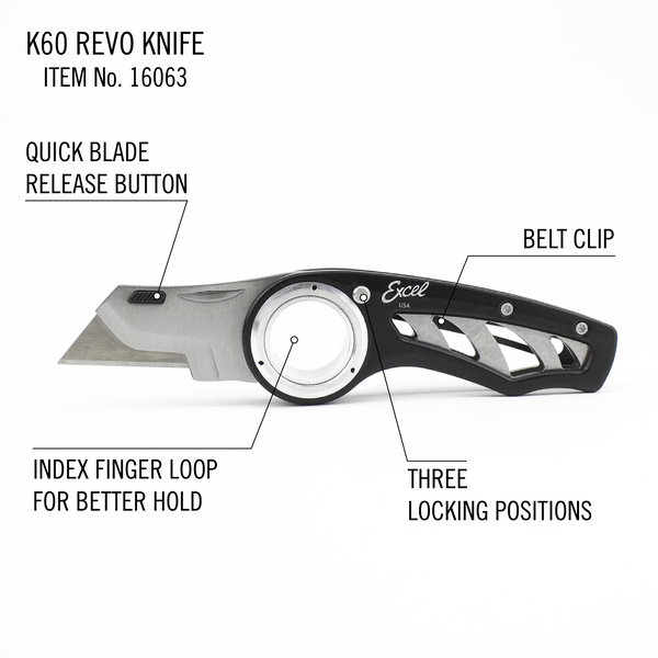 Excel Blades Revo Knife in black featuring a belt clip, quick blade release button, index finger loop and three locking positions. 