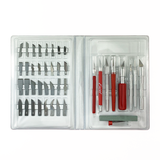 Hobby Knife Set includes knife handles and 43 assorted blades. Made in the USA. 
