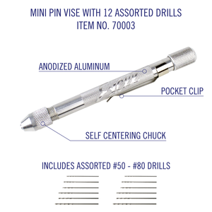 Excel Blades Mini Pin Vise with 12 assorted drills. includes #50-#80 size drills. Anodized aluminum. Featured a pocket clip and a self centering chick. Drills are stored inside.  