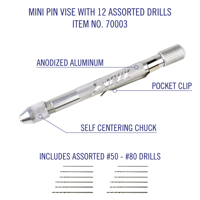 Excel Blades Mini Pin Vise with 12 assorted drills. includes #50-#80 size drills. Anodized aluminum. Featured a pocket clip and a self centering chick. Drills are stored inside.  